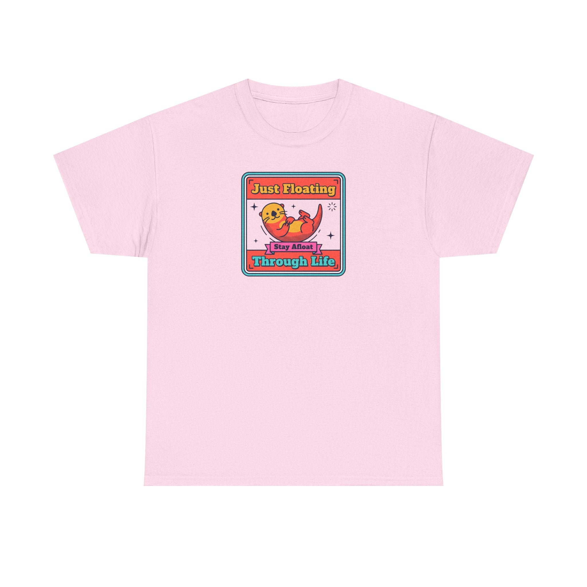 Light pink crewneck T-shirt with framed otter graphic and text on chest