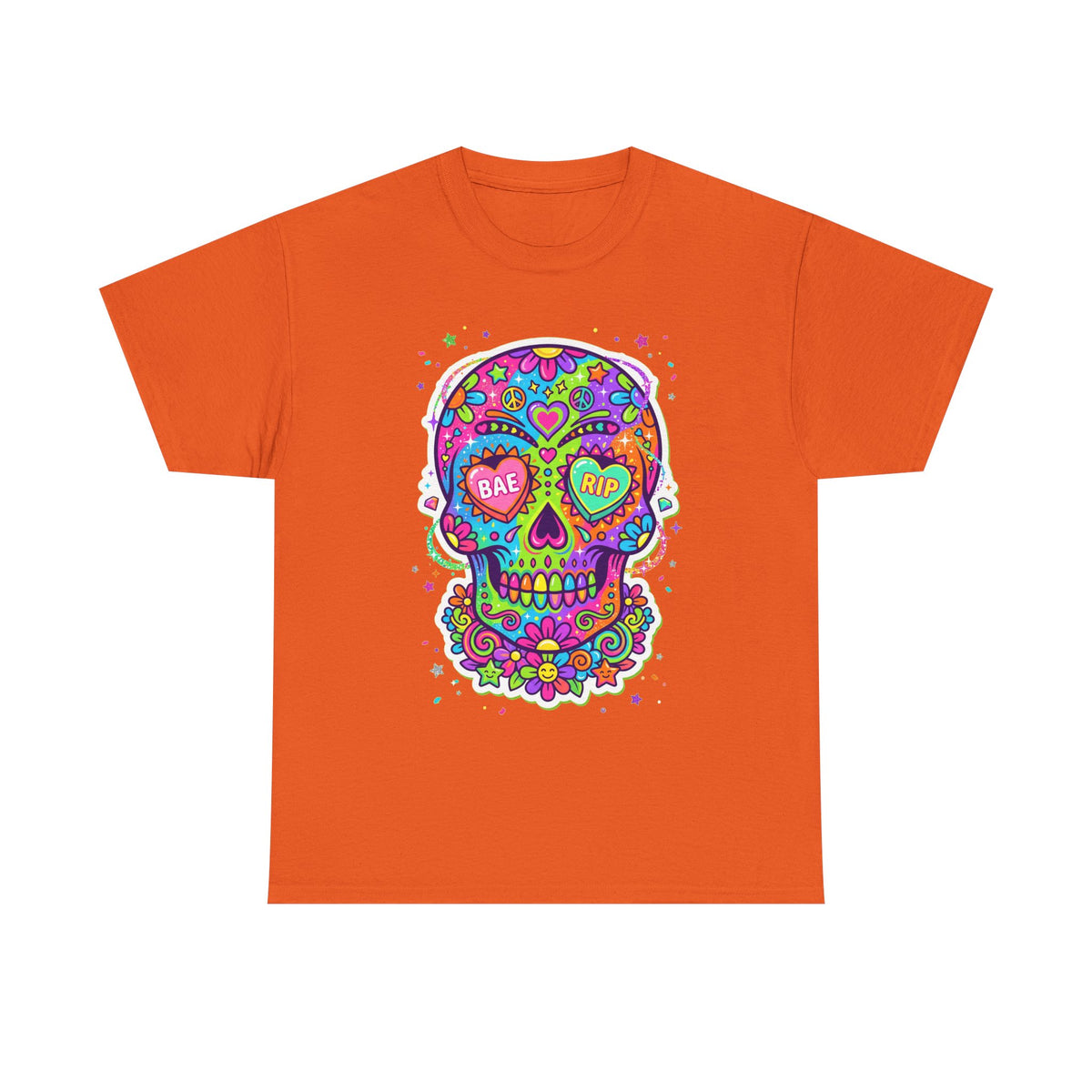 Orange crewneck T-shirt with colorful sugar skull graphic and floral border, short sleeves.
