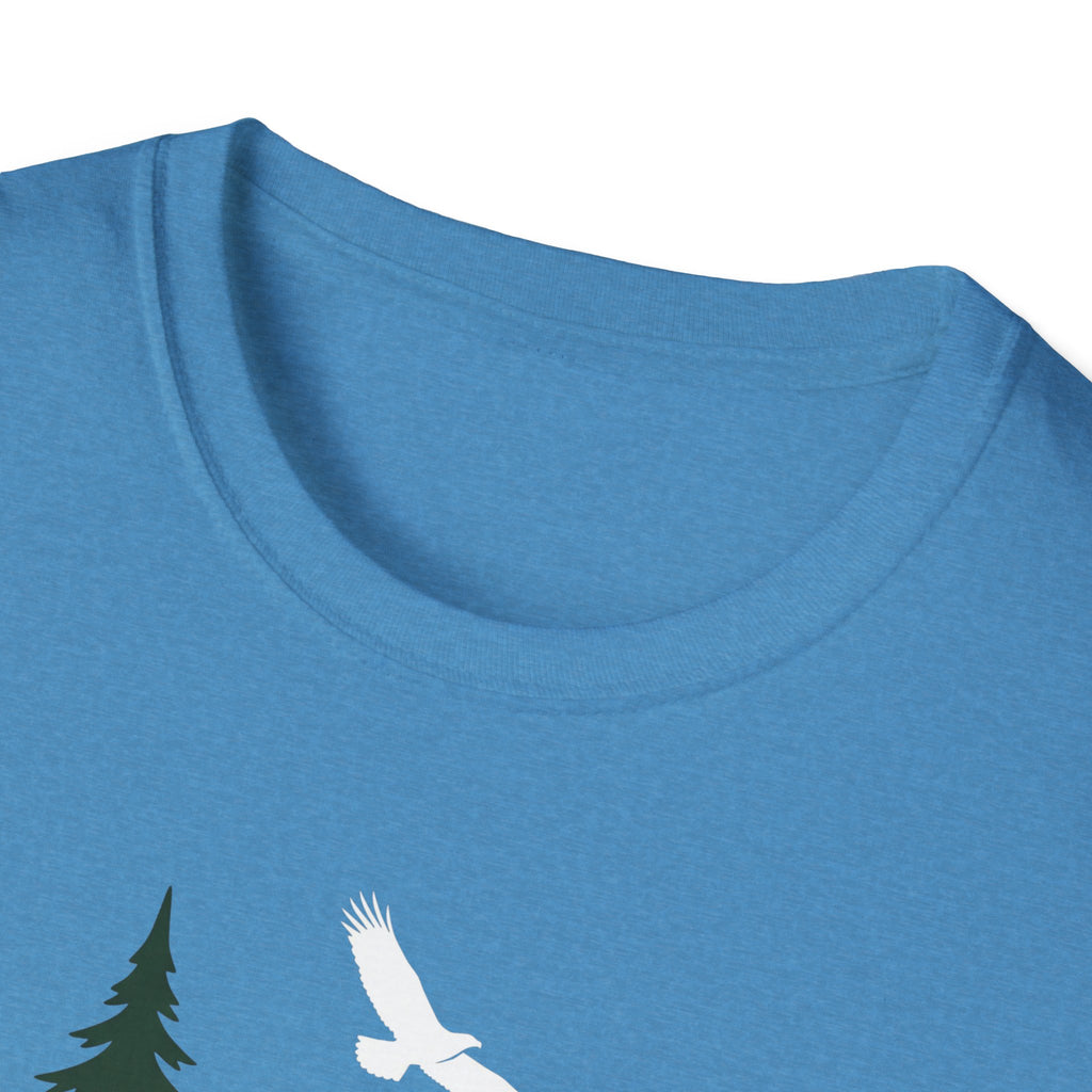 Light blue T-shirt neckline with partial white bird and pine tree graphic