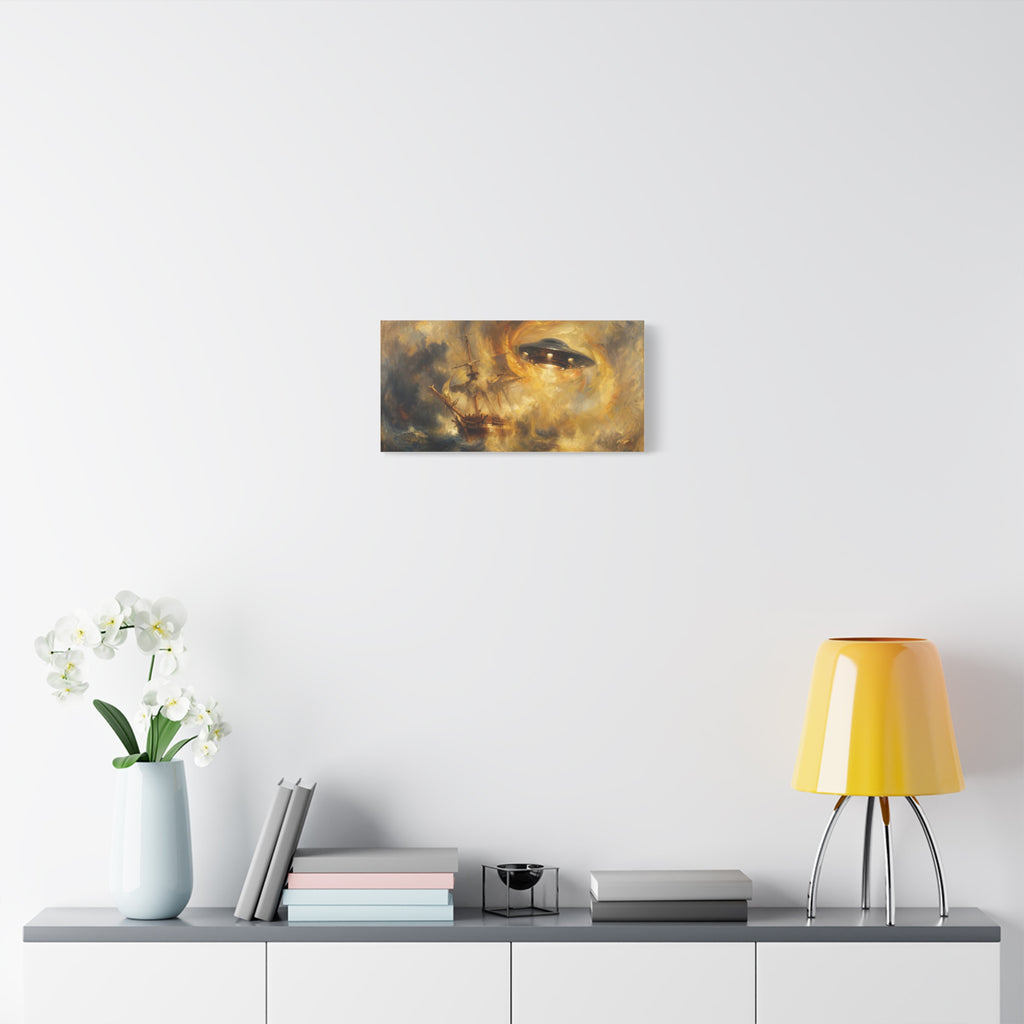 Small rectangular canvas wall art with a UFO over a stormy galleon, gold and dark colors