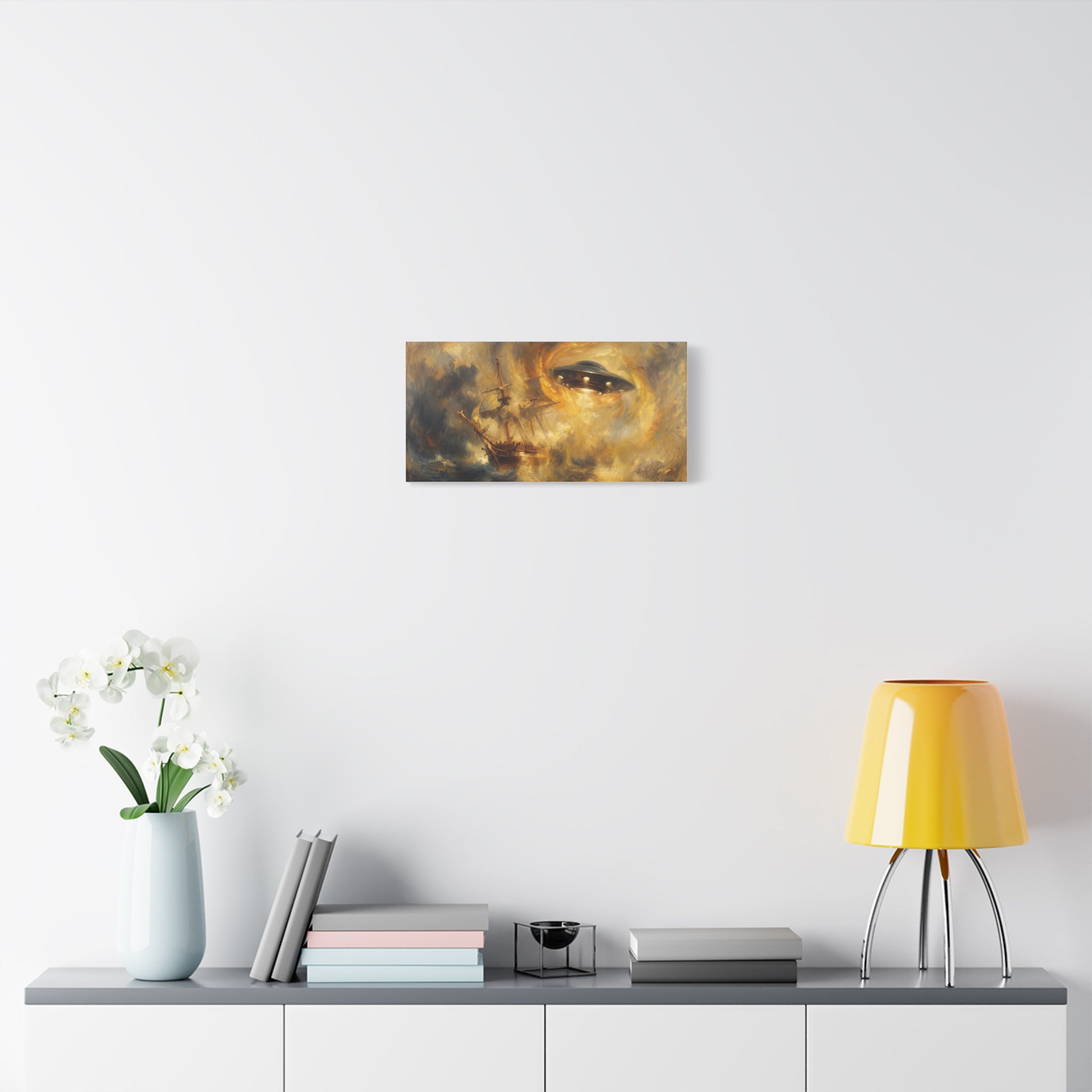 Small rectangular canvas wall art with a UFO over a stormy galleon, gold and dark colors