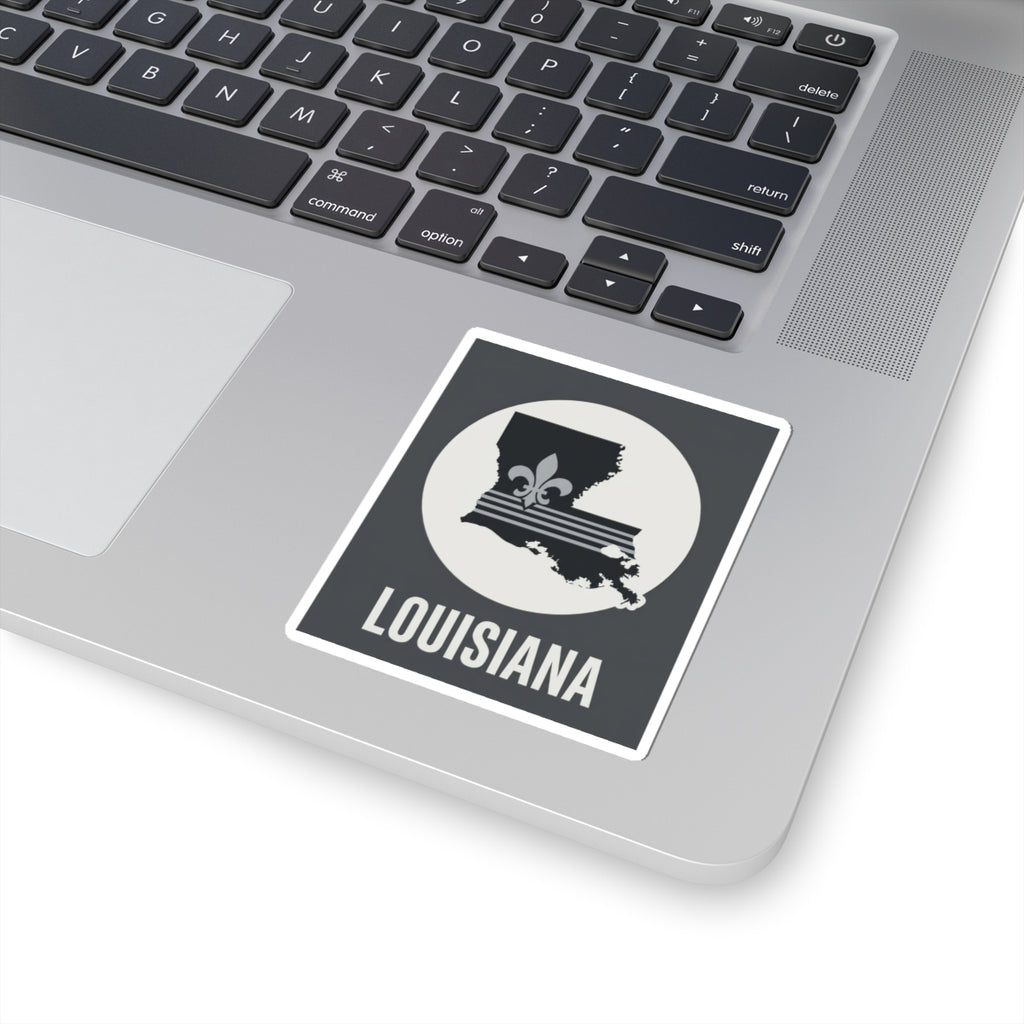 Louisiana fleur-de-lis kiss-cut sticker, black square with white circle and LOUISIANA text