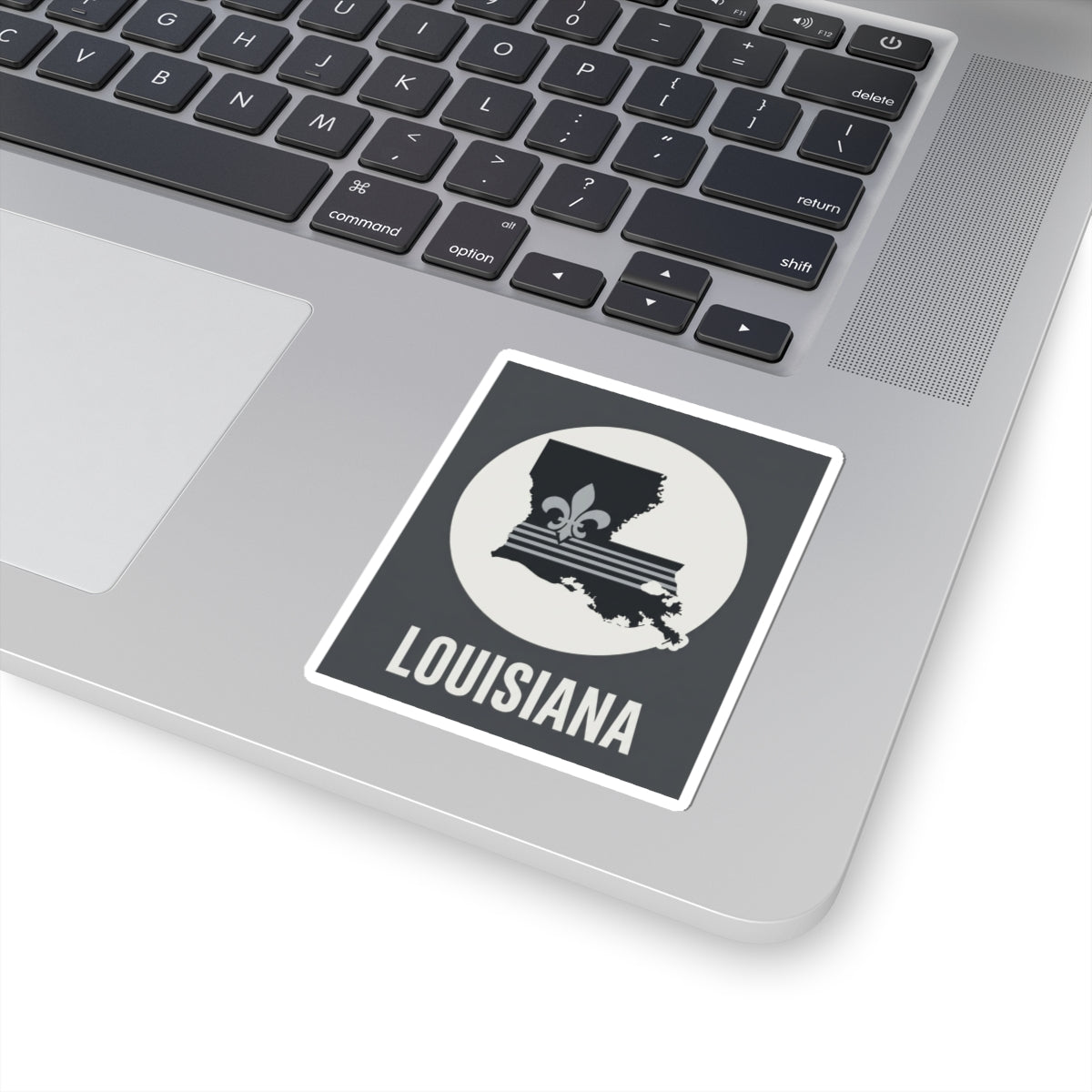 Louisiana fleur-de-lis kiss-cut sticker, black square with white circle and LOUISIANA text