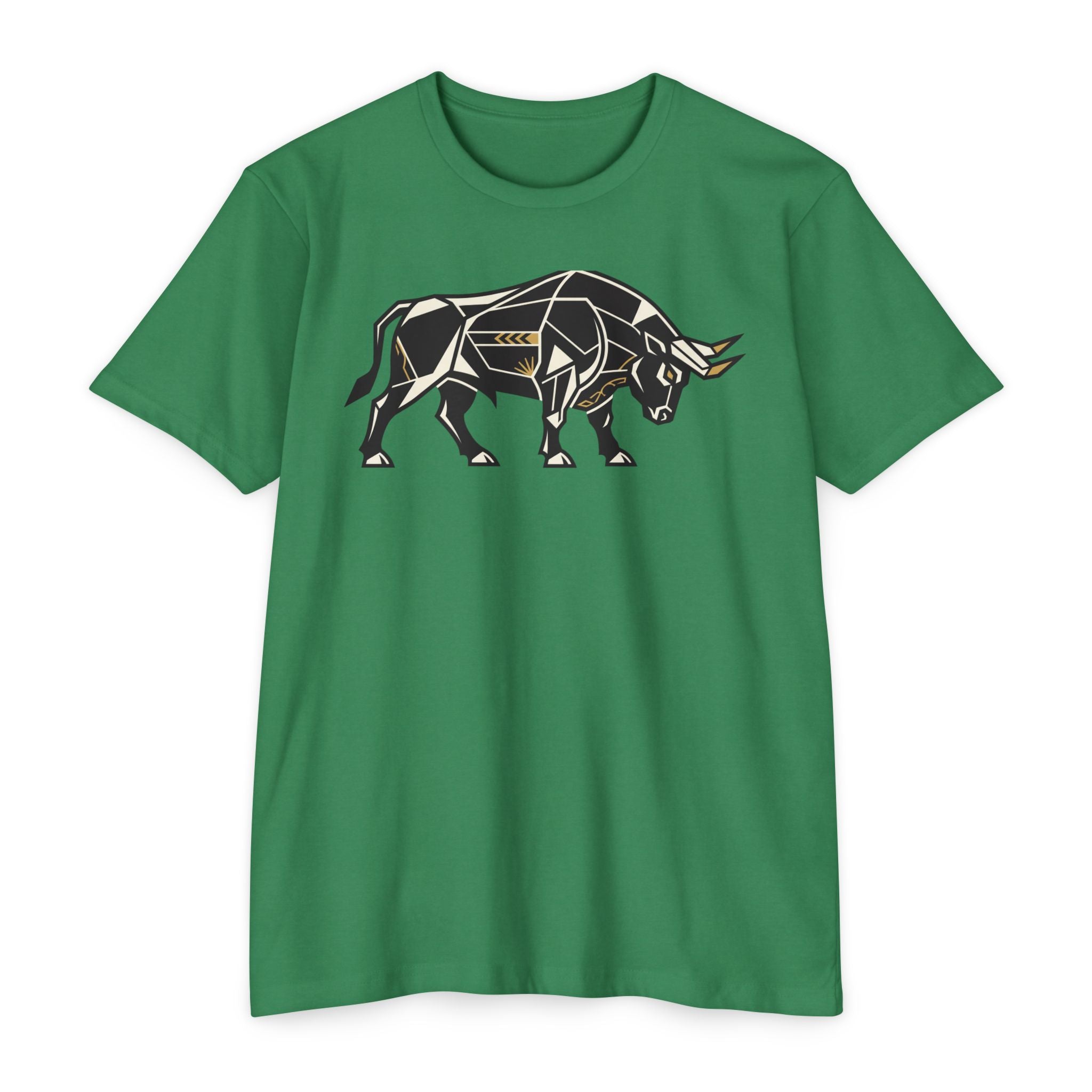 Green T-shirt with geometric charging bull graphic, crew neck, short sleeves