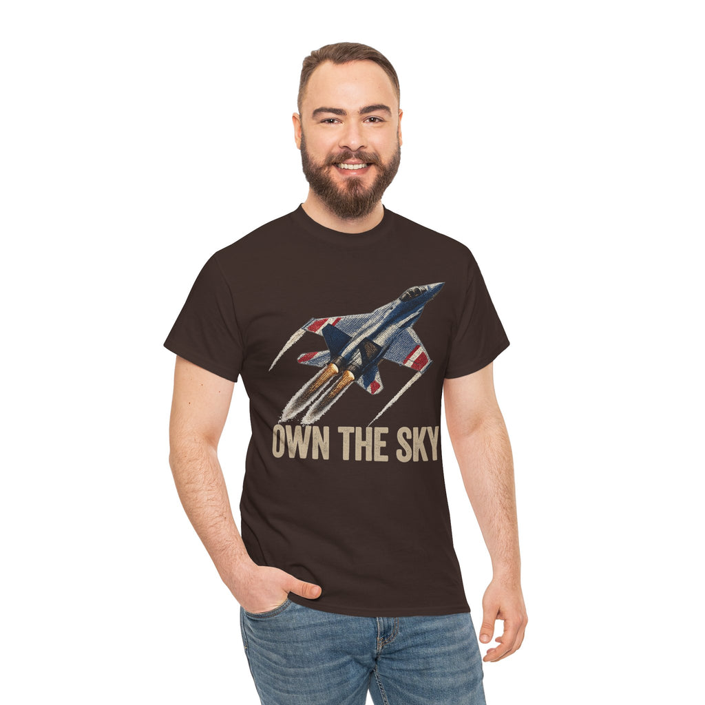 Dark brown t-shirt with fighter jet graphic and "Own the Sky" text