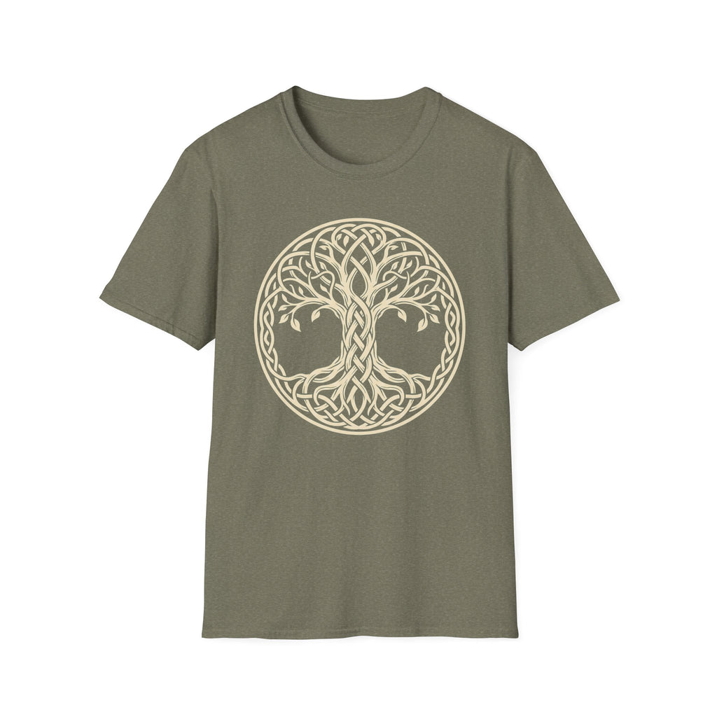 Olive green T-shirt with cream Celtic tree of life knotwork circle graphic