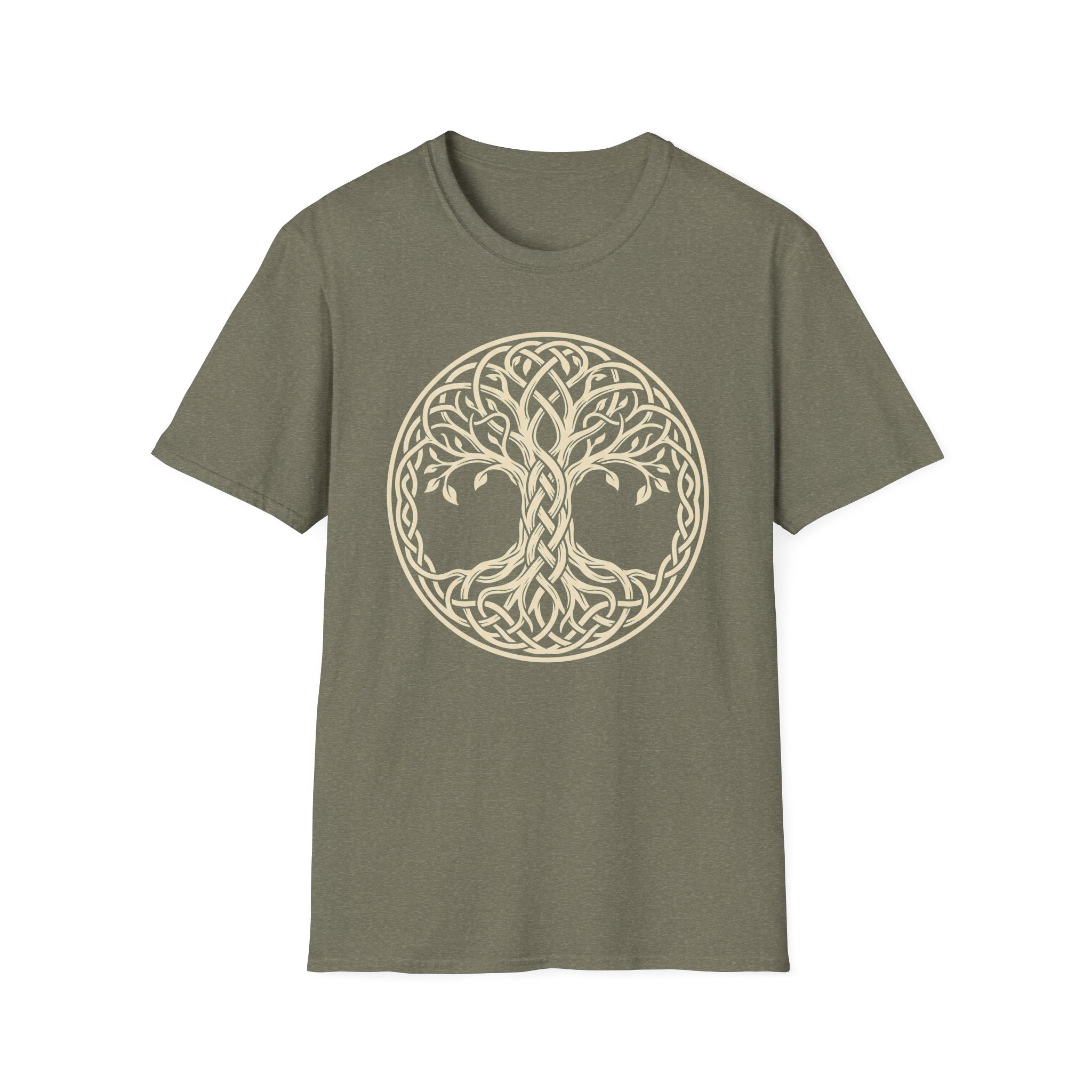 Olive green T-shirt with cream Celtic tree of life knotwork circle graphic