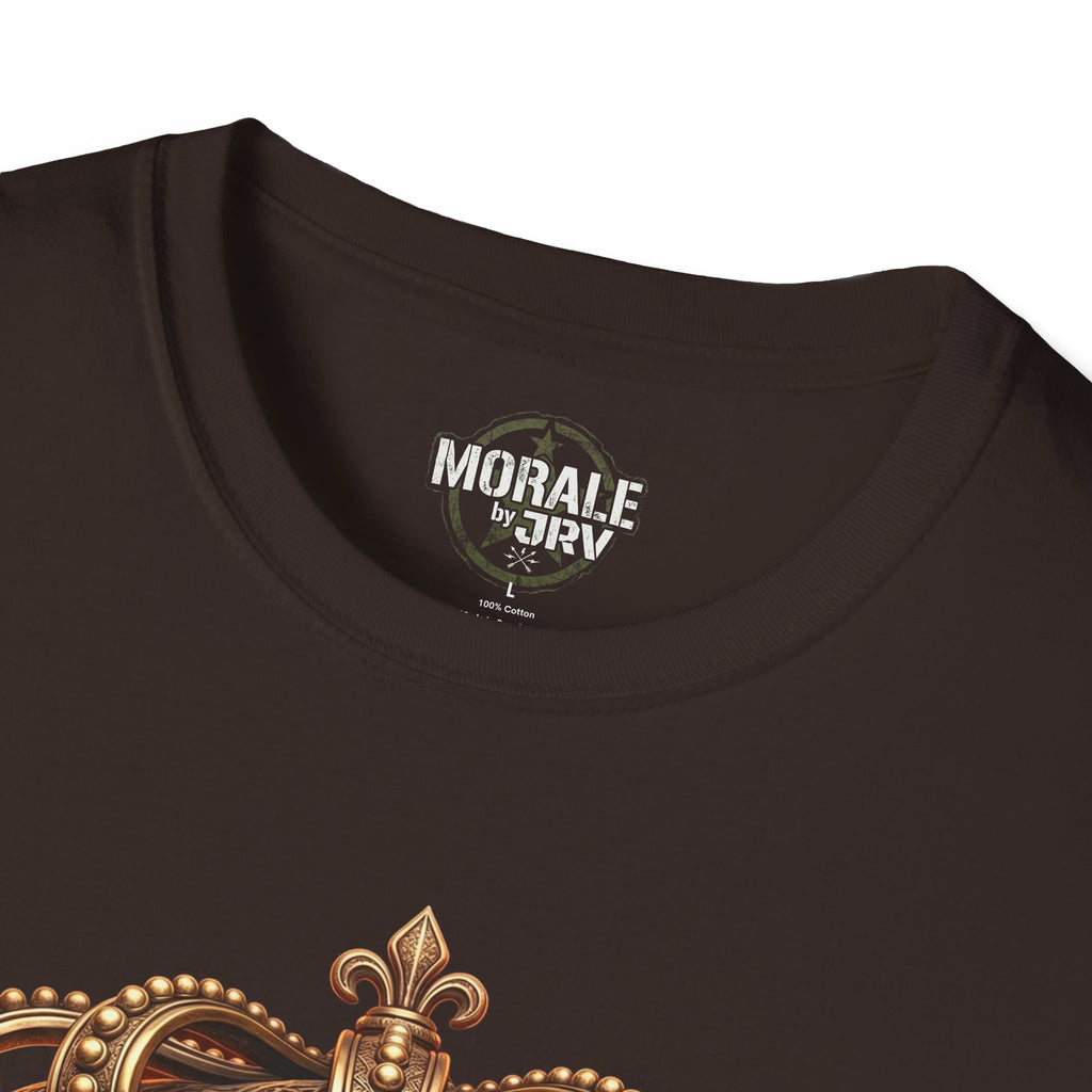 Dark chocolate T-shirt neckline with chest tag, gold crown graphic detail