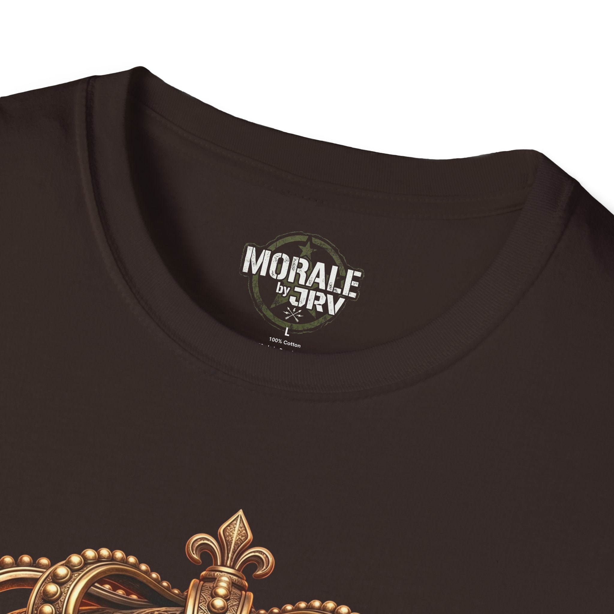 Dark chocolate T-shirt neckline with chest tag, gold crown graphic detail