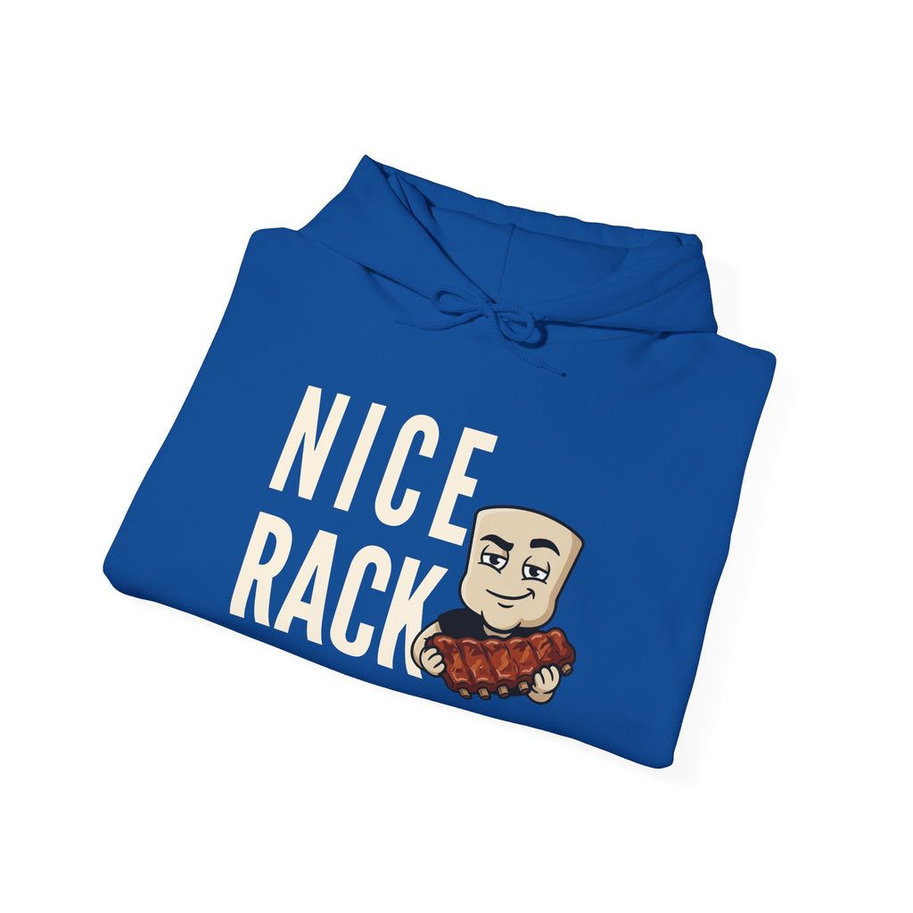 Royal blue hoodie with "NICE RACK" rib graphic and cartoon face on front.