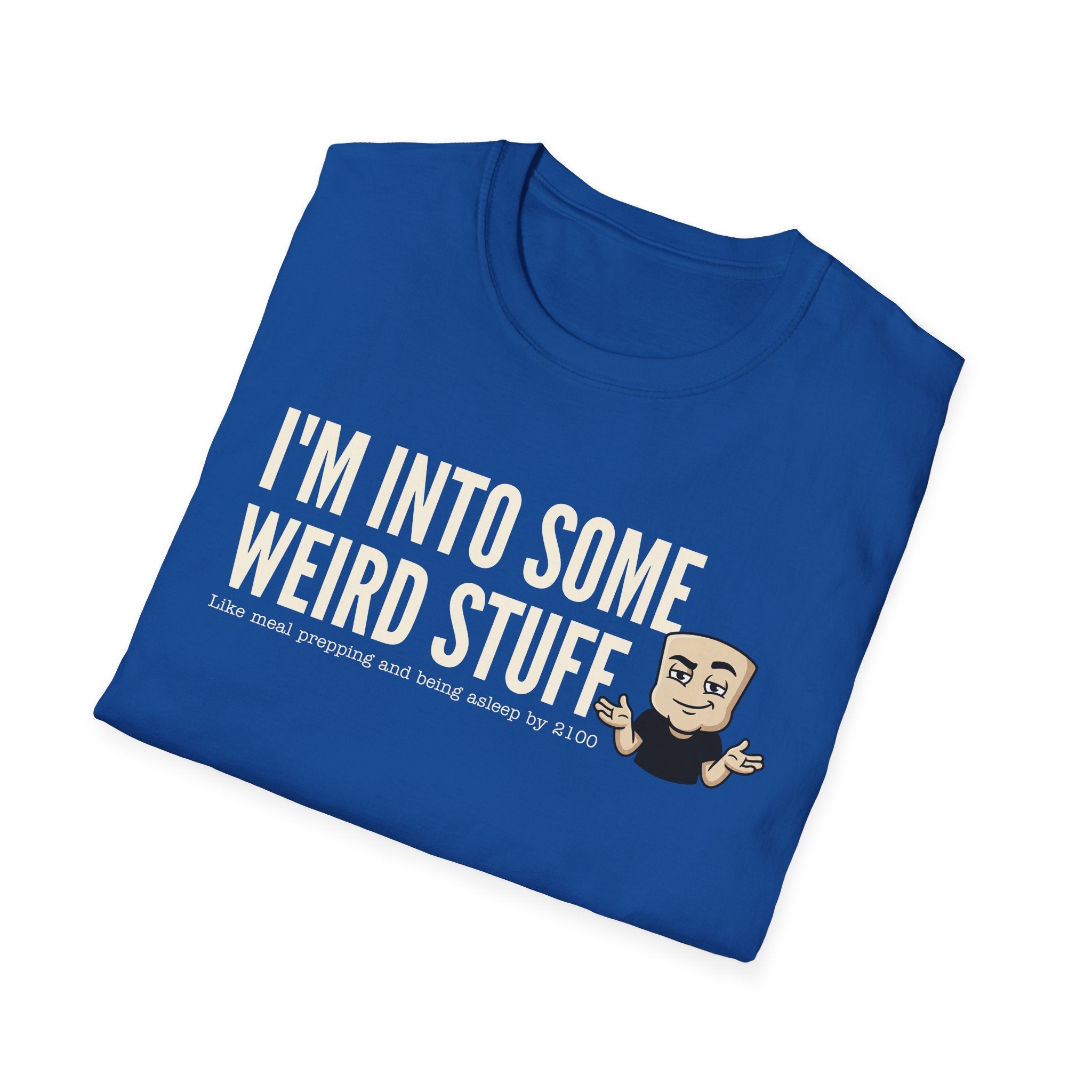 Royal blue T-shirt with weird stuff slogan and character graphic