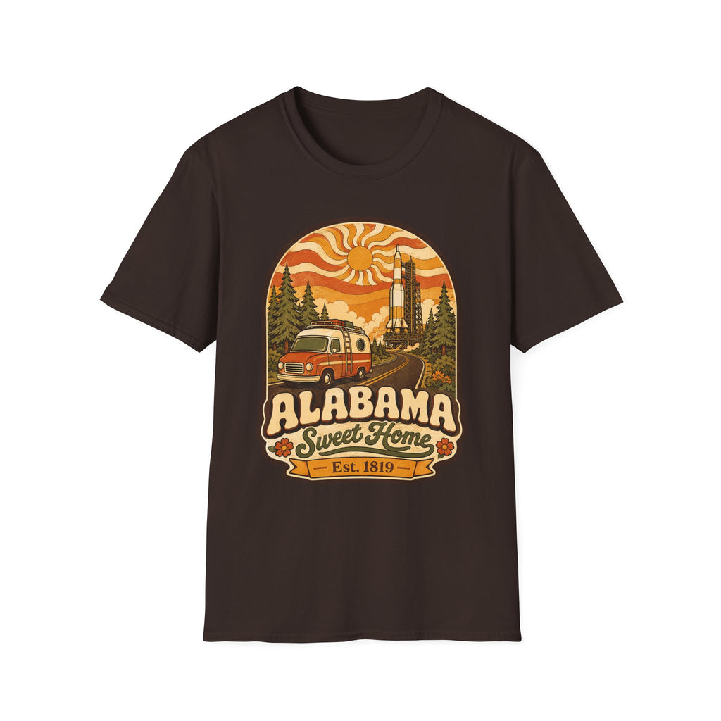 Unisex dark brown T-shirt with Alabama Sweet Home vintage camper graphic