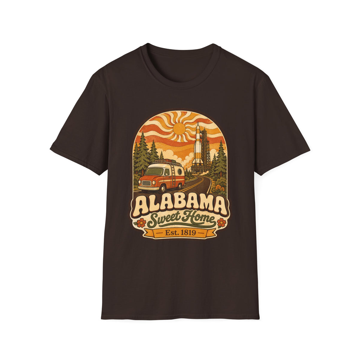 Unisex dark brown T-shirt with Alabama Sweet Home vintage camper graphic