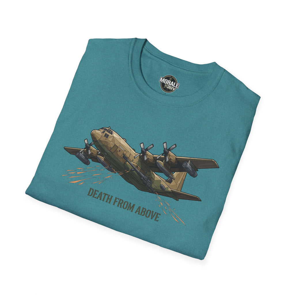 Teal C-130 cargo plane T-Shirt with “DEATH FROM ABOVE” text and artwork