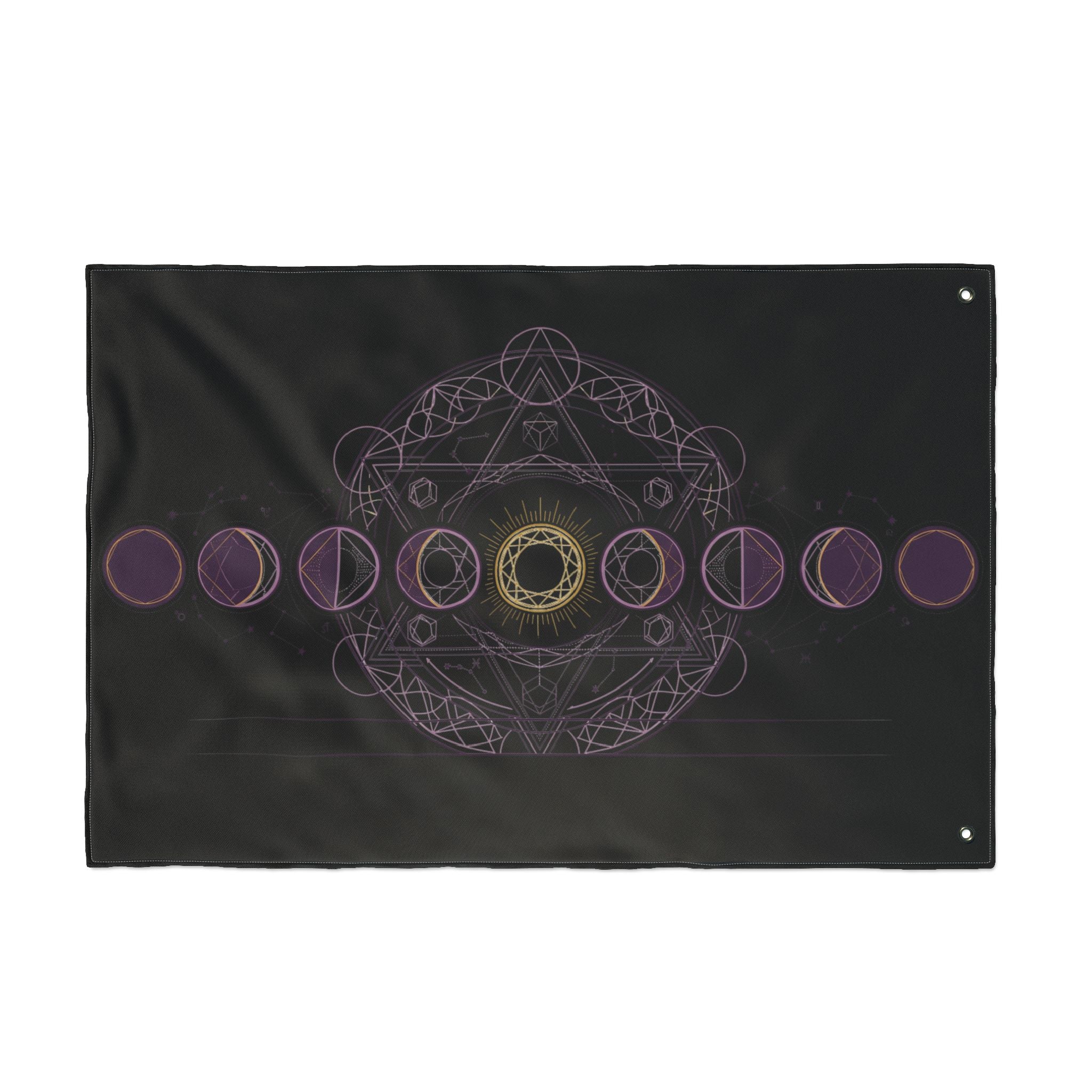 Black rectangular banner flag with purple circular symbols and gold center mandala, grommets.