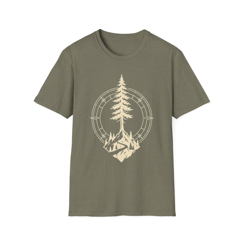 Heather military green T-shirt with pine tree compass graphic in light yellow