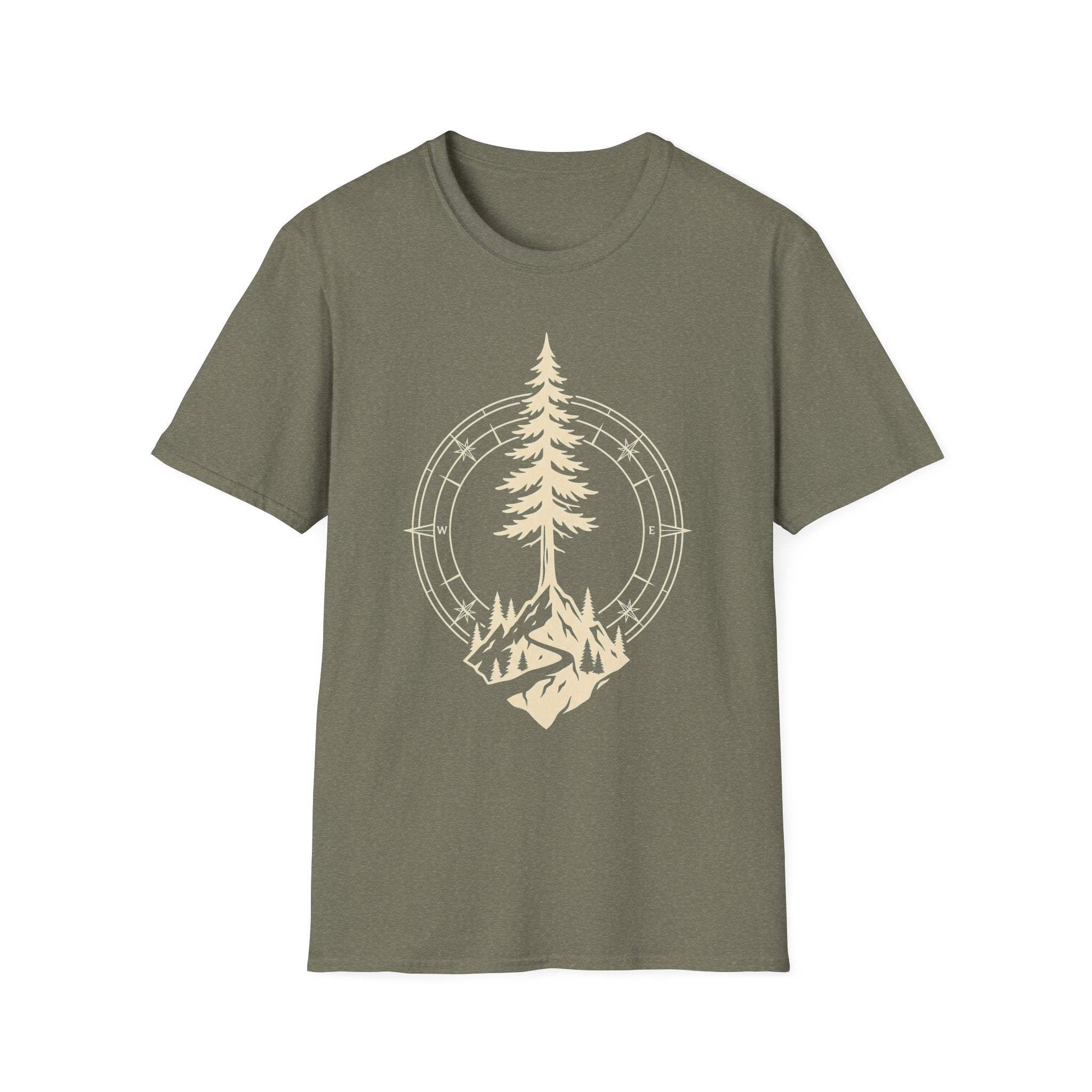 Heather military green T-shirt with pine tree compass graphic in light yellow