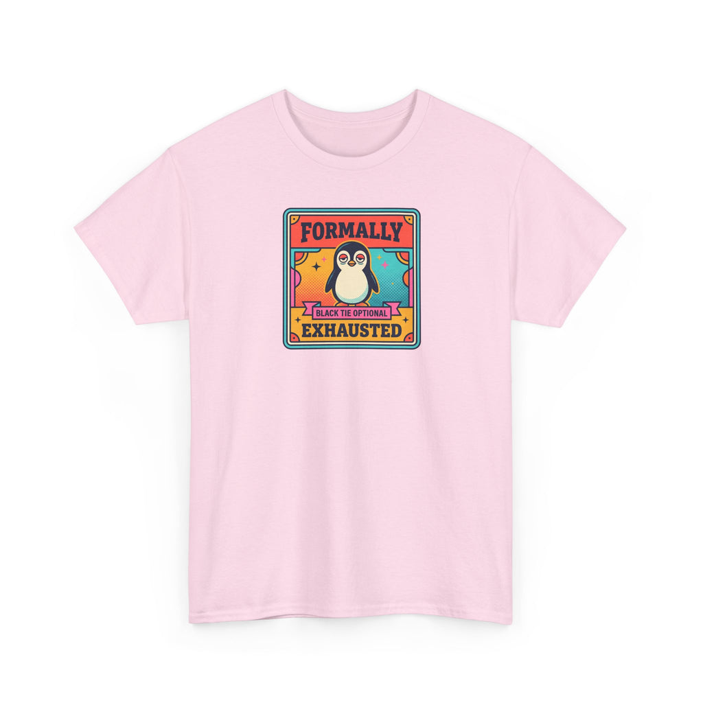 Light pink crewneck T-shirt with front penguin graphic and slogan patch.