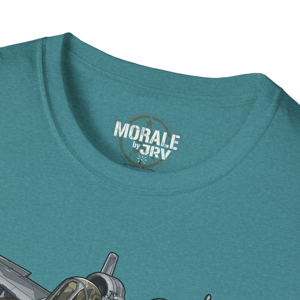 Teal T-shirt close-up of neckline print text and upper graphic