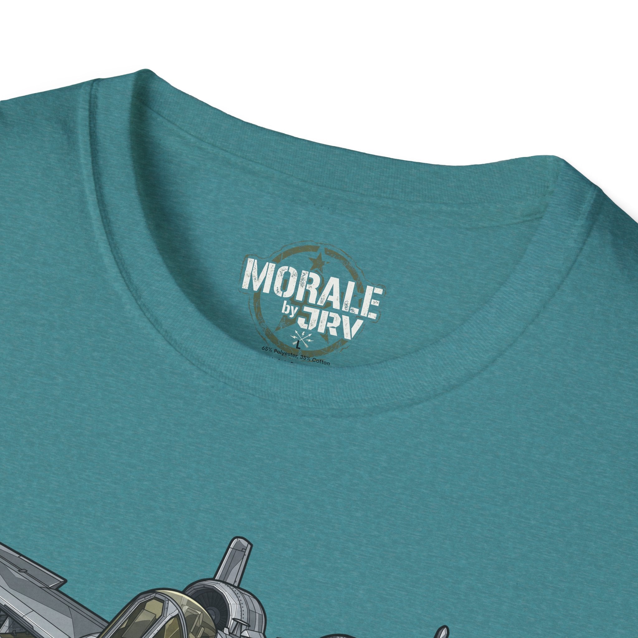 Teal T-shirt close-up of neckline print text and upper graphic