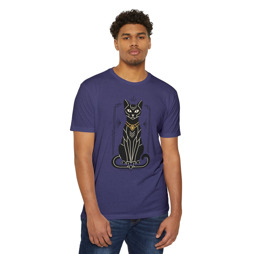 Purple short-sleeve T-shirt with black cat graphic, line-art design.