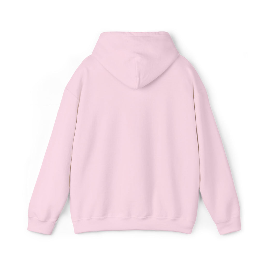 Light pink hoodie with attached hood, full back view
