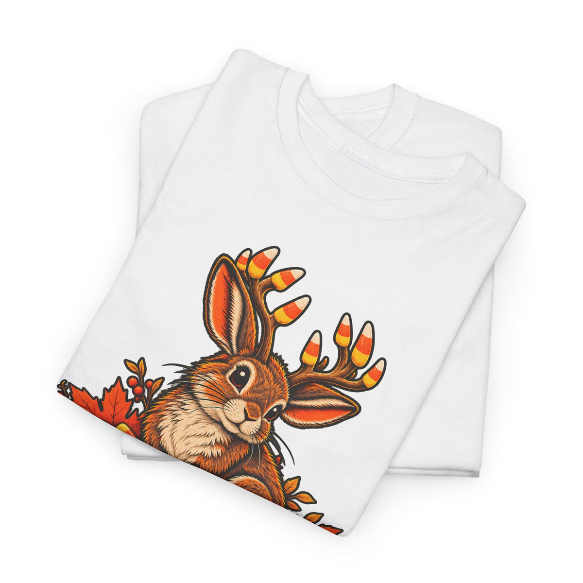 Halloween jackalope T-shirt, white with printed bunny head and candy corn antlers
