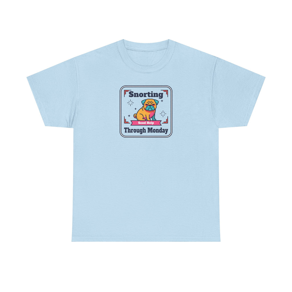 Light blue T-shirt with small sloth cartoon graphic on the chest
