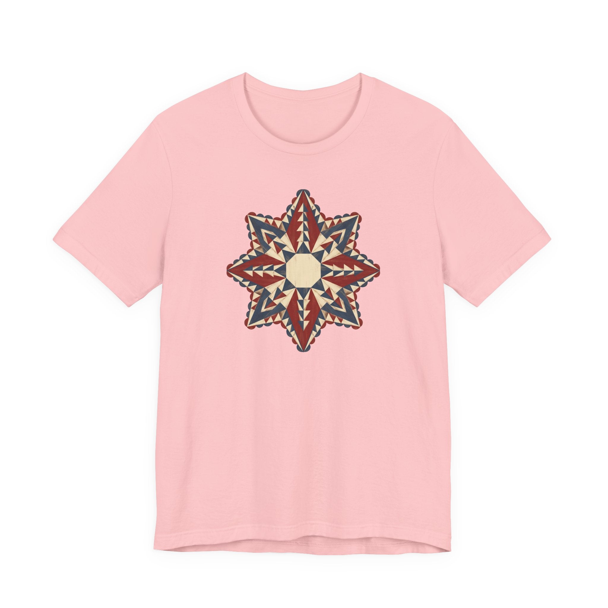 Pink crewneck graphic tee with colorful Southwestern star mandala print on chest