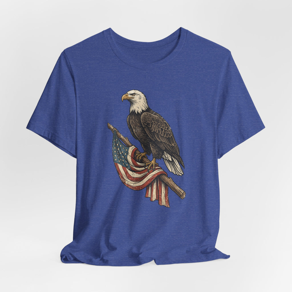 Royal blue crewneck t-shirt with vintage eagle and flag graphic