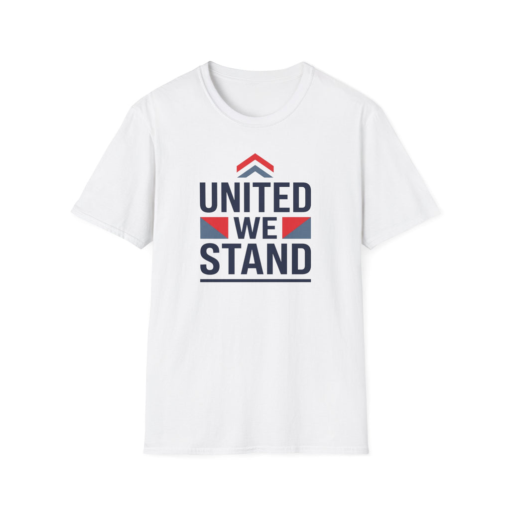 White crewneck T-shirt with 'United We Stand' patriotic graphic, front view
