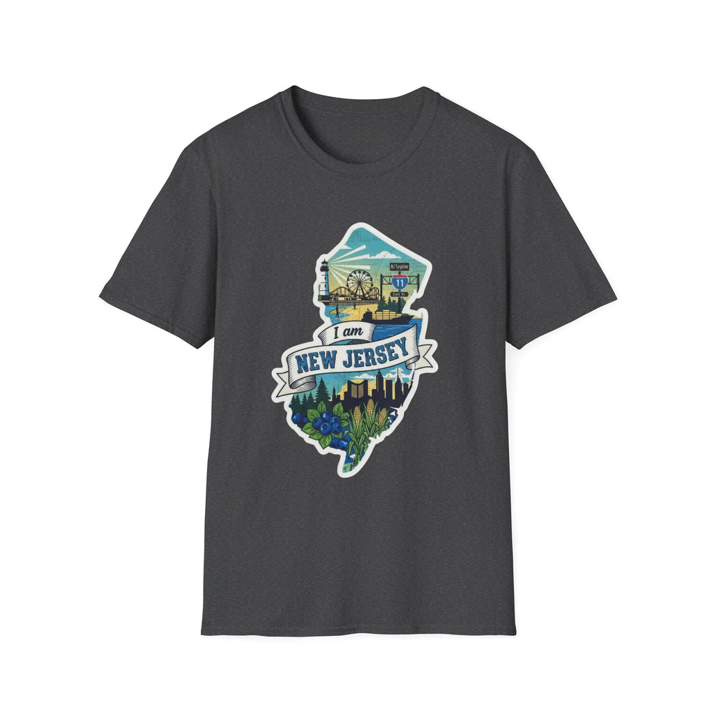 Crew-neck T-shirt, dark heather grey, with New Jersey map skyline graphic on front.