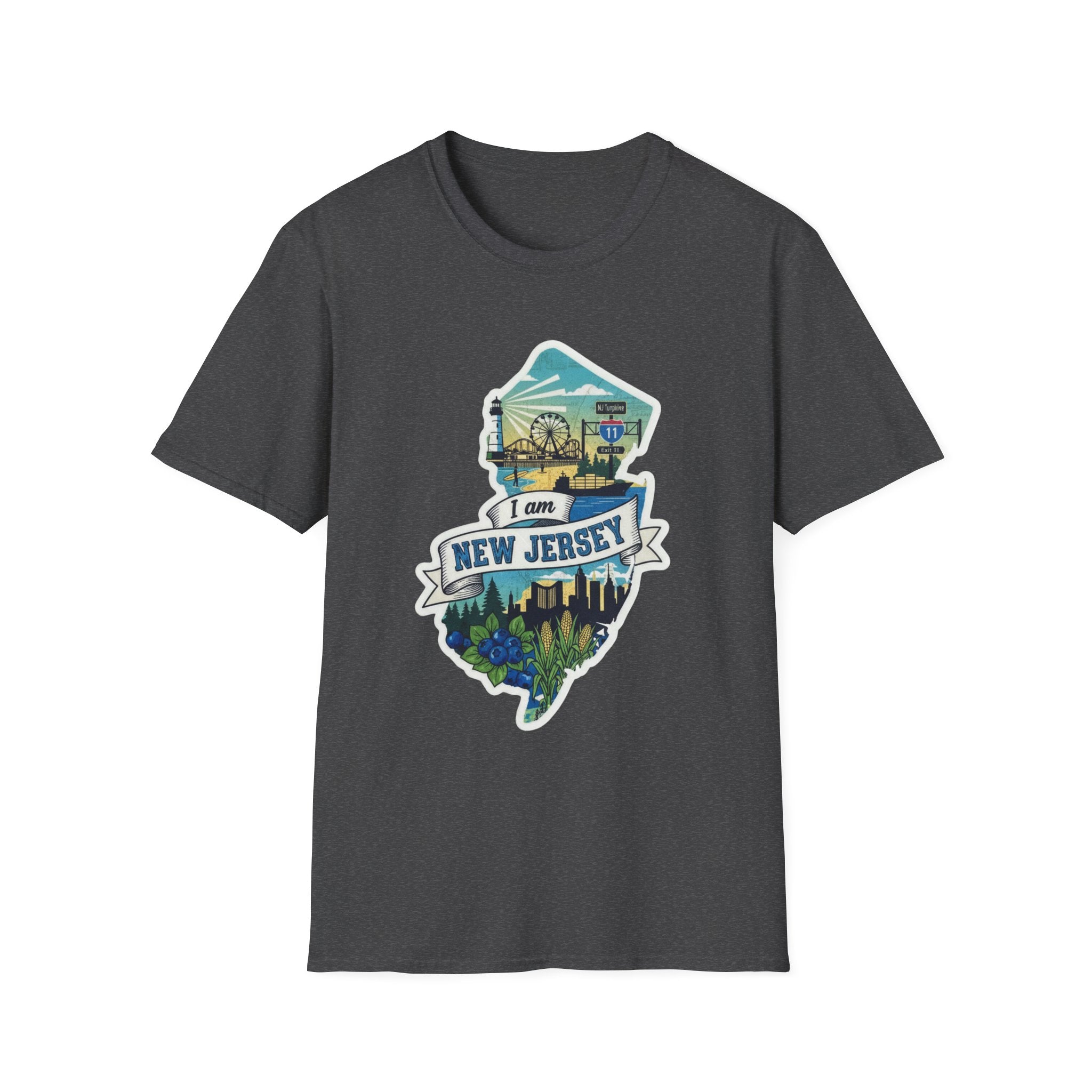 Crew-neck T-shirt, dark heather grey, with New Jersey map skyline graphic on front.