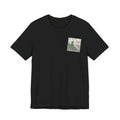 Black travel t-shirt with small vintage postage-stamp castle graphic on chest