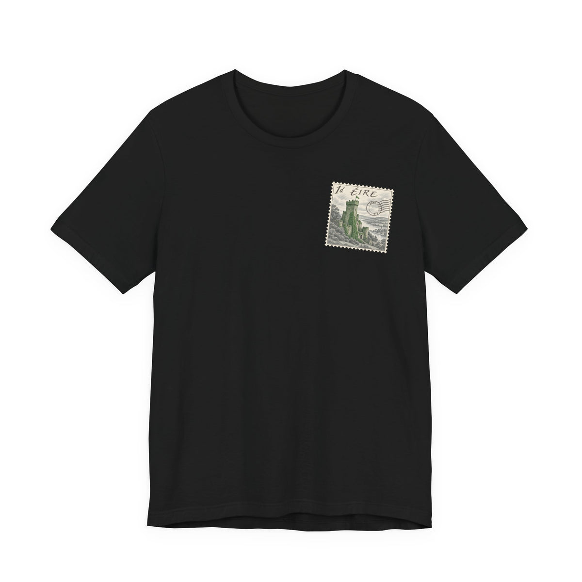 Black travel t-shirt with small vintage postage-stamp castle graphic on chest