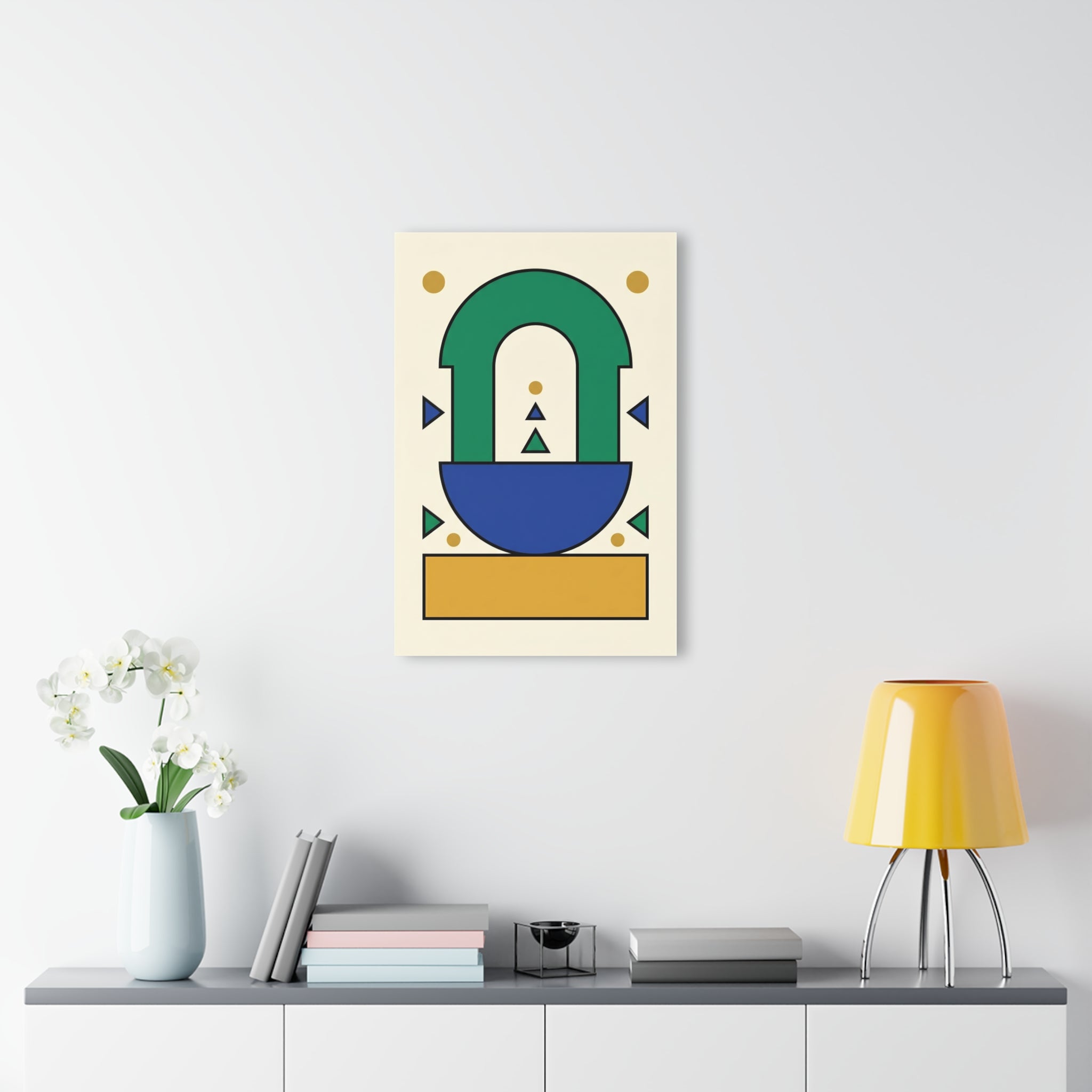 Geometric arch wall art above console: green arch, blue base and gold bar