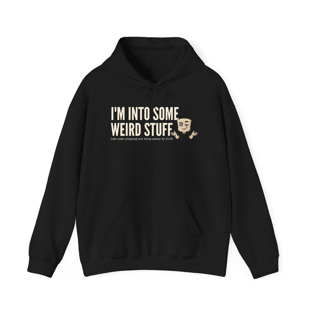 Black hoodie with front text graphic and kangaroo pocket