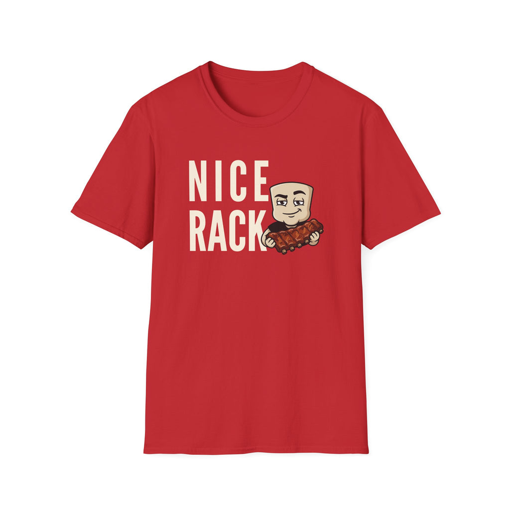 Red crewneck T-shirt with 'NICE RACK' text and BBQ ribs character