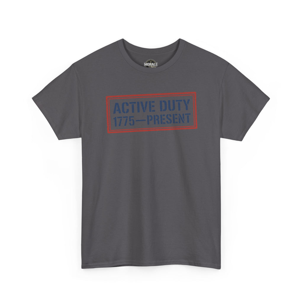 Charcoal crewneck T-shirt with red 'Active Duty 1775–Present' front graphic