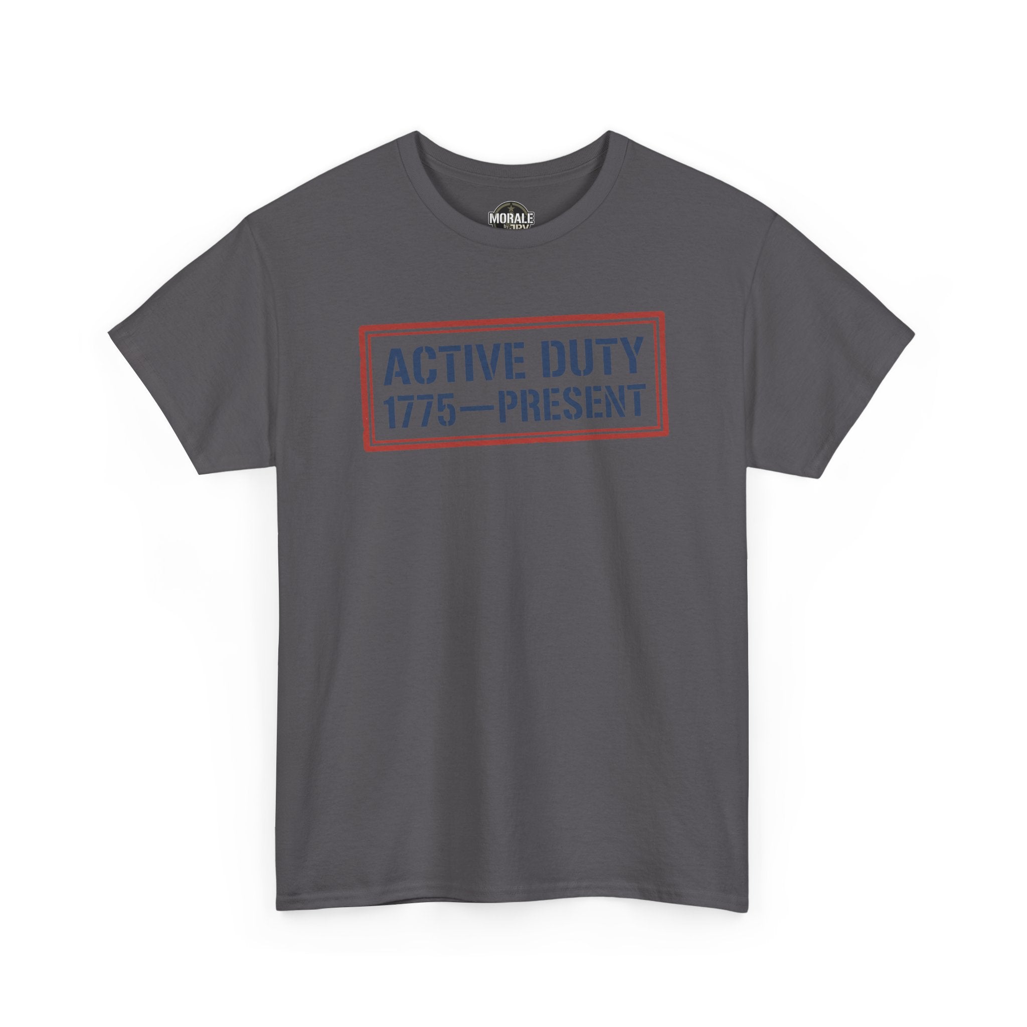 Charcoal crewneck T-shirt with red 'Active Duty 1775–Present' front graphic