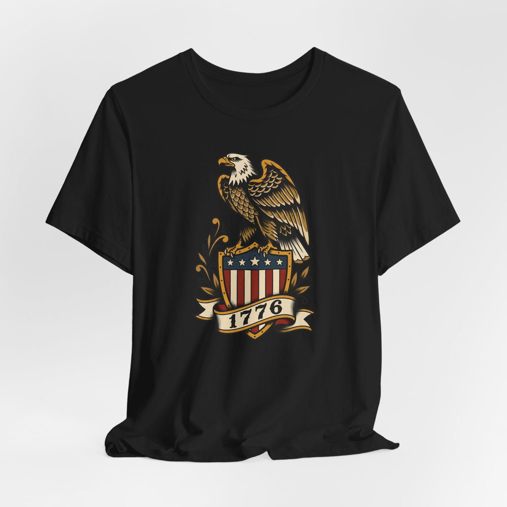 Black crew-neck T-shirt featuring bald eagle shield graphic with 1776 banner.
