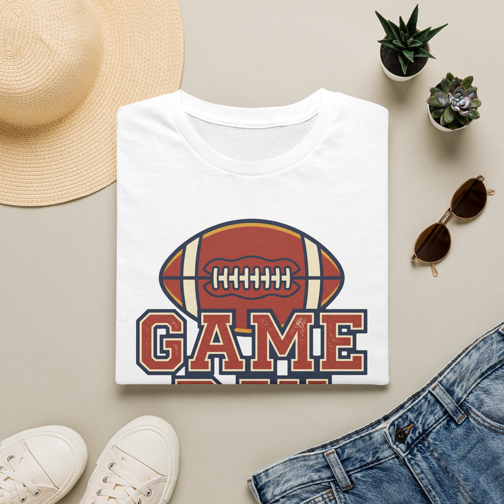 White football t-shirt with “GAME” text and football emblem graphic on center front