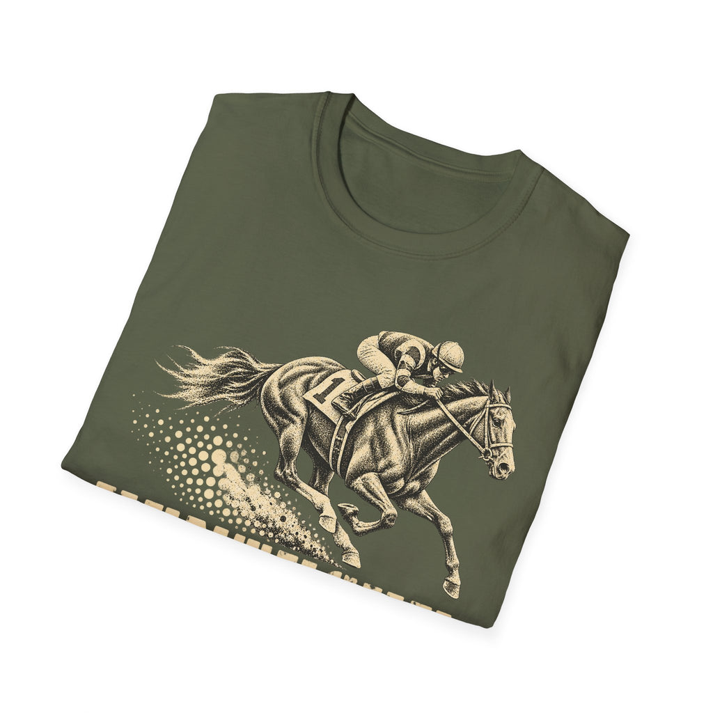 Dark green t-shirt with gold jockey and galloping racehorse graphic across chest