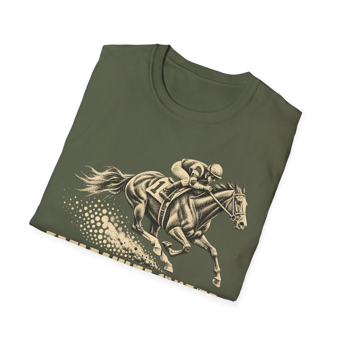 Dark green t-shirt with gold jockey and galloping racehorse graphic across chest