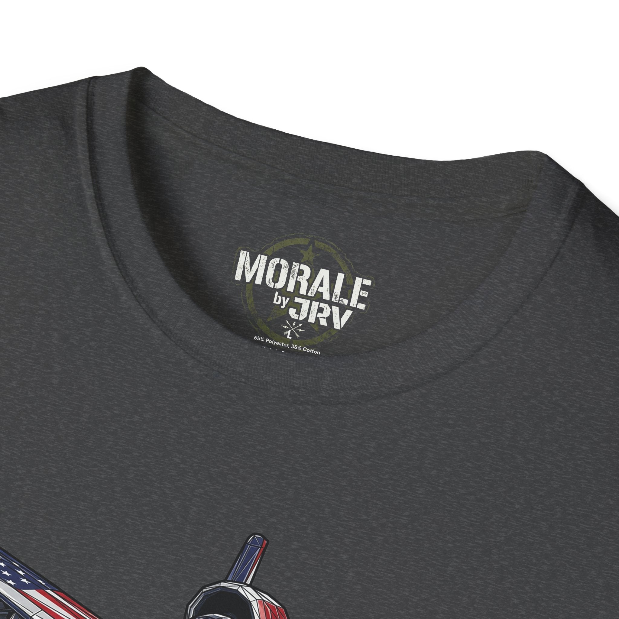 Dark Heather A-10 T-shirt, 'MORALE by TRV' logo at back neck