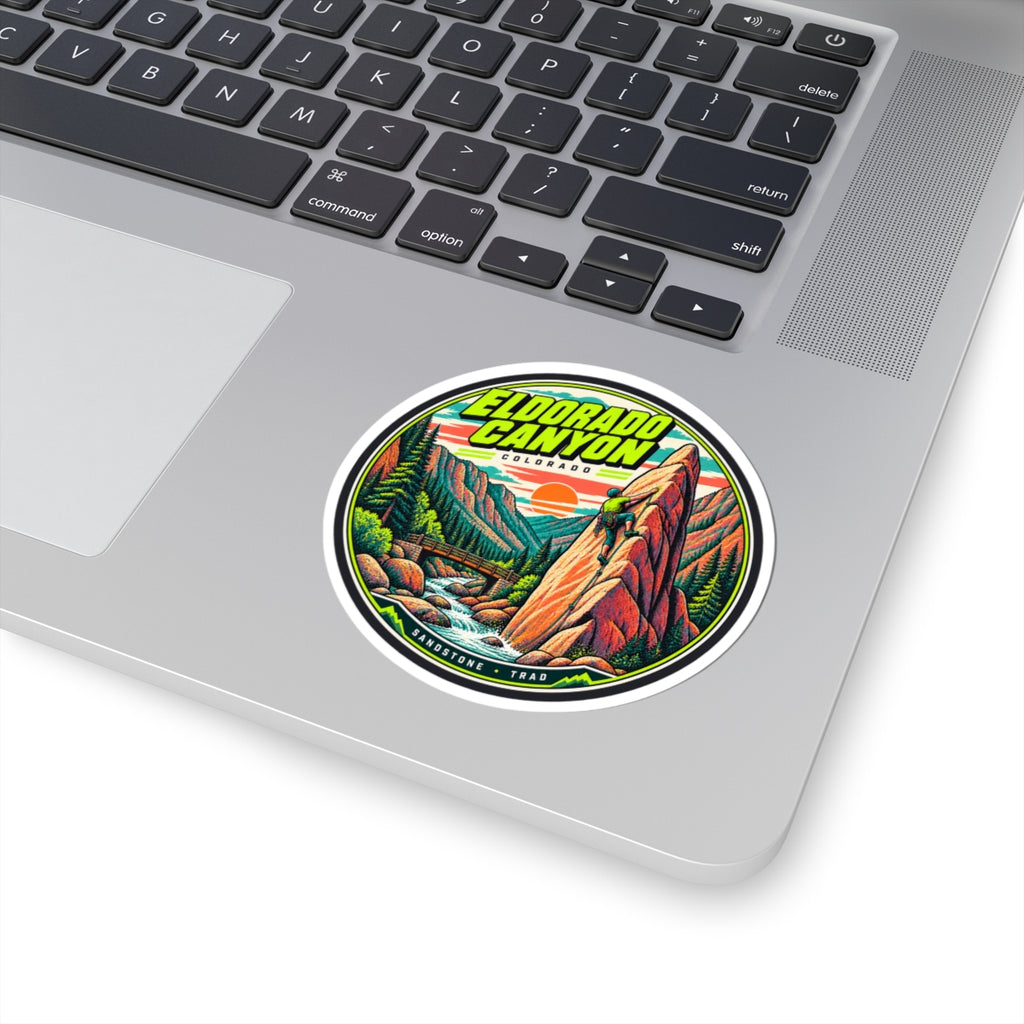 Round vinyl climbing sticker with canyon landscape, climber figure, and 'Eldorado Canyon' text.