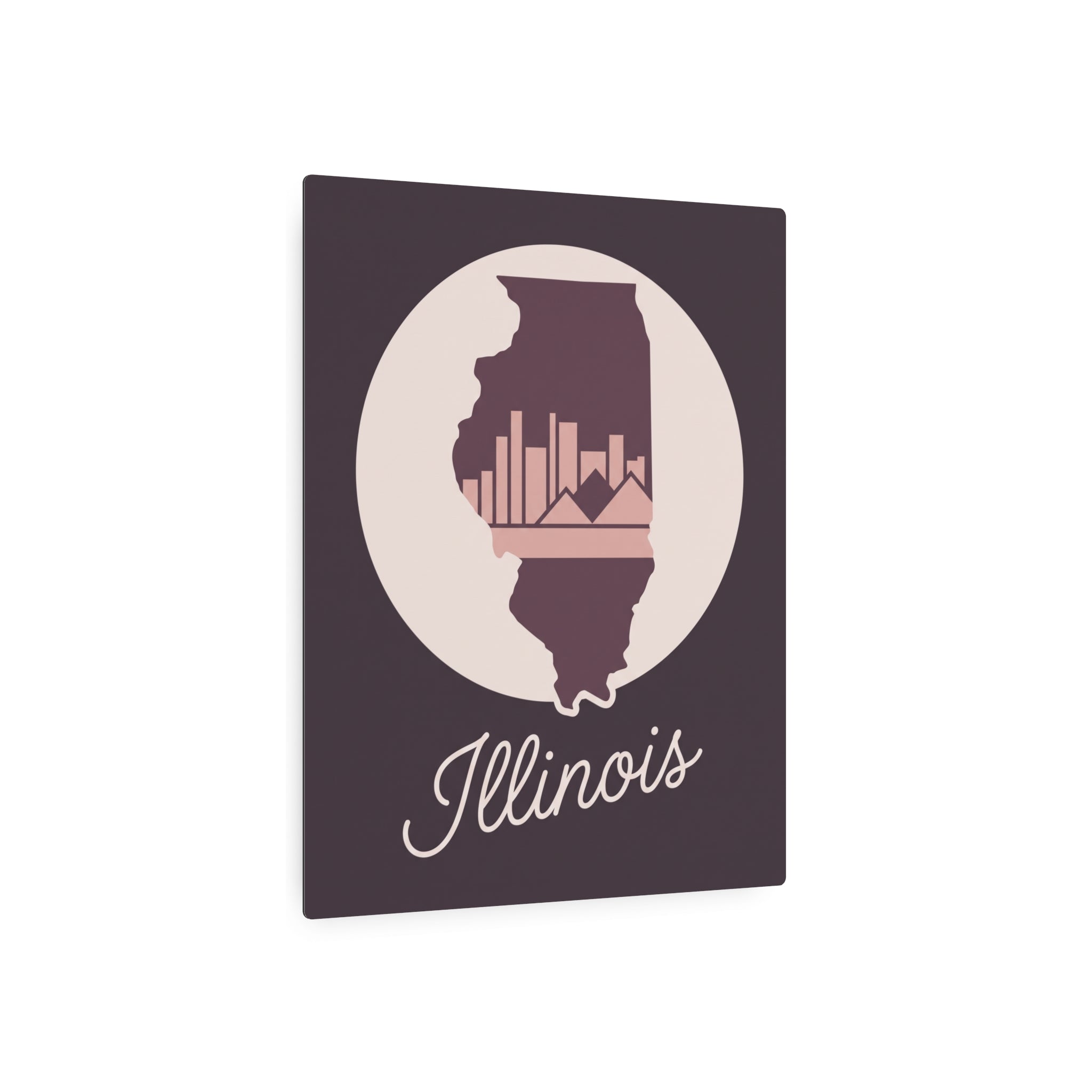 Mauve Illinois metal wall art sign with circular state outline and skyline bars