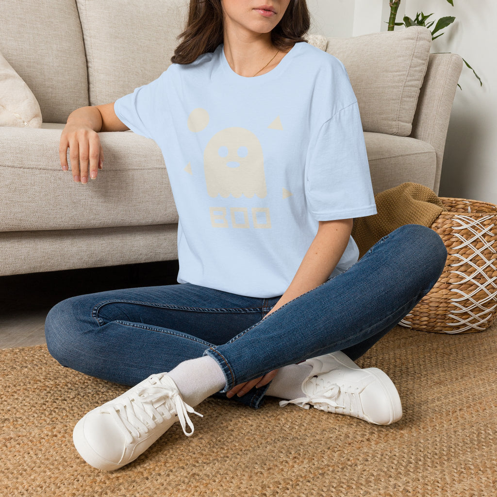 Unisex light blue T-shirt with faded white ghost and BOO graphic