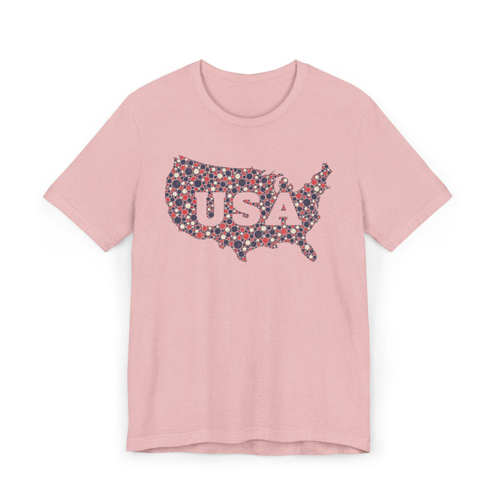 Pink T-shirt with colorful floral USA outline graphic and "USA" text