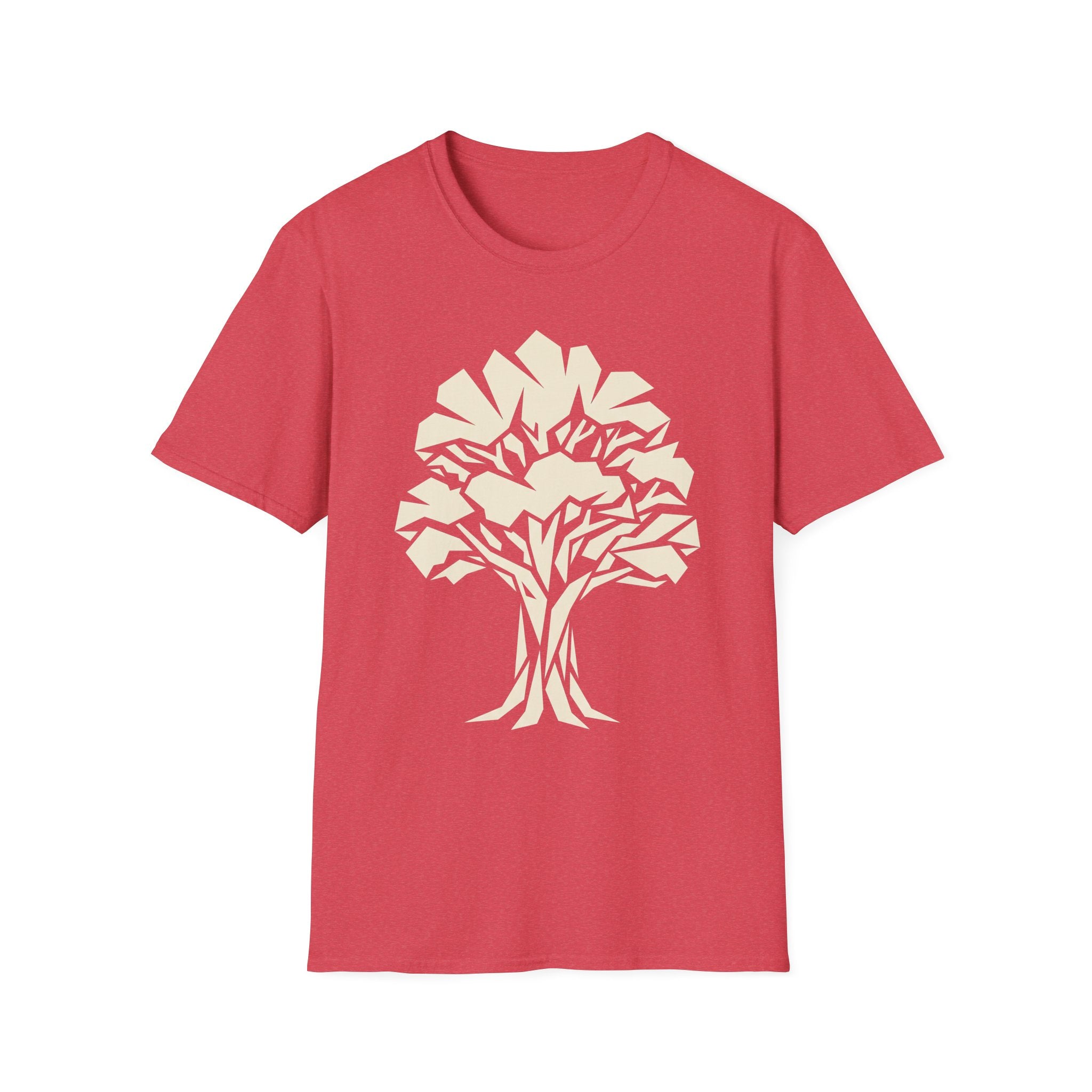 Red heather T-shirt with white geometric tree silhouette front graphic